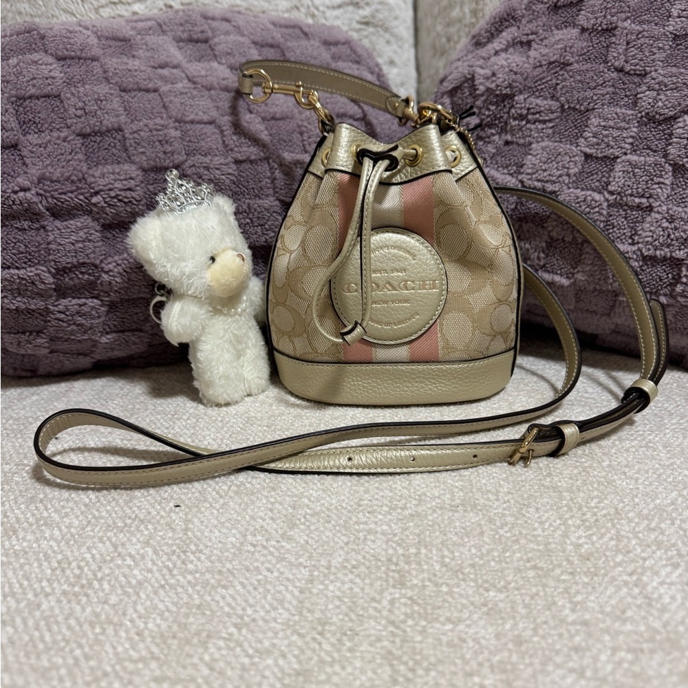 Coach Khaki and Pink Signature Canvas Drawstring Crossbody Bucket Bag